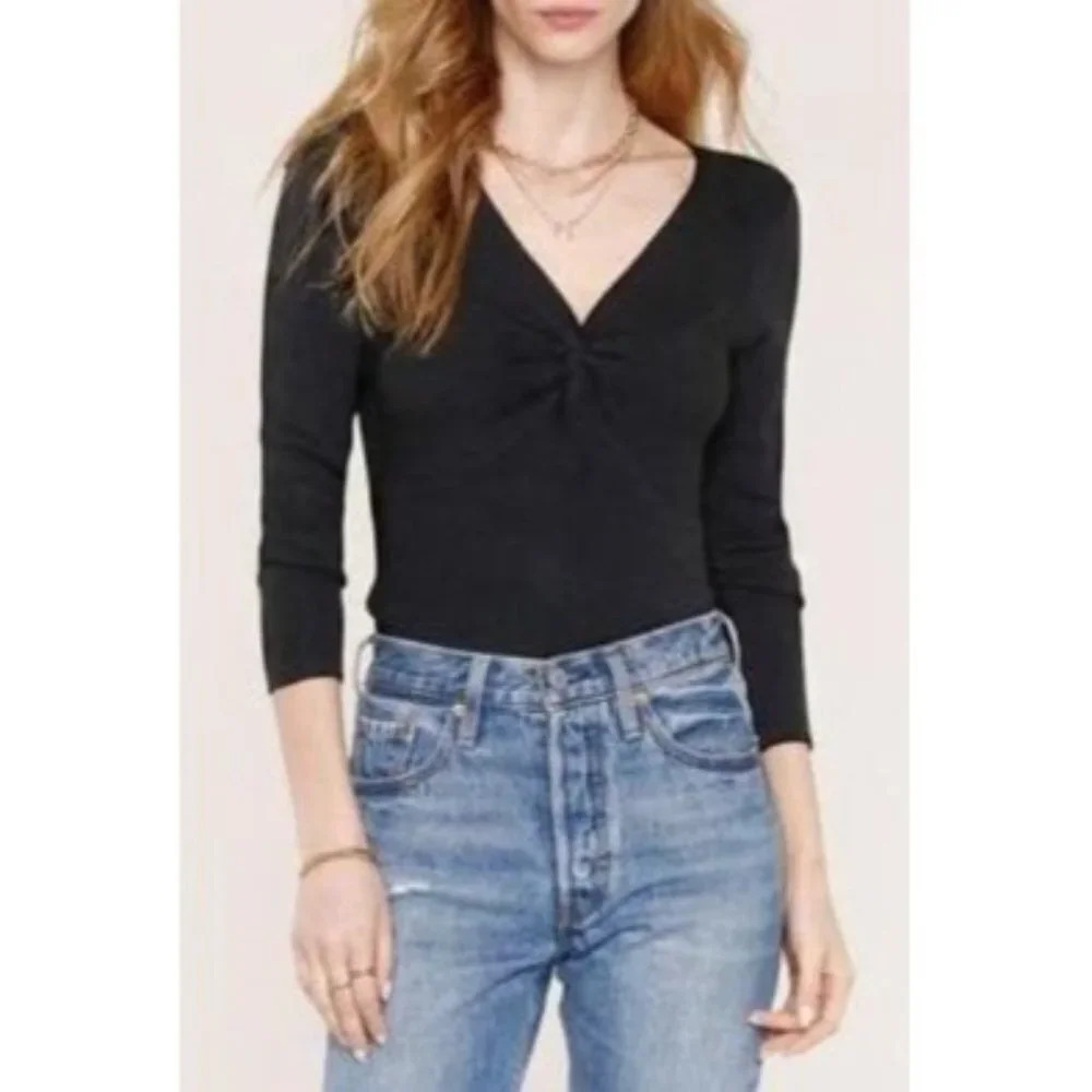 NWT Heartloom Ryder Twist Front V Neck Black Ribbed Sweater-sz Large